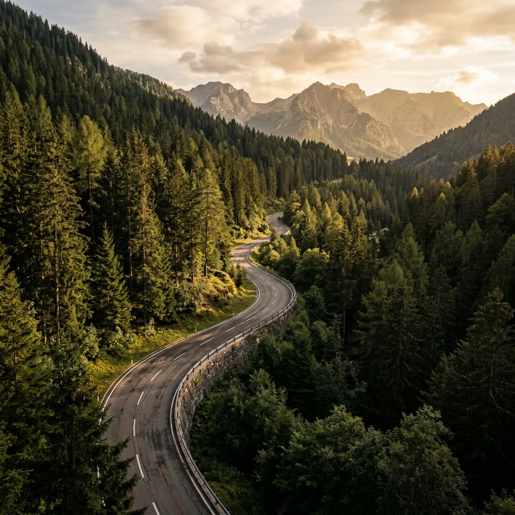 Alpenstraße durch Bergwald als Hintergrund fuer Autonom.Bike Produktvideo