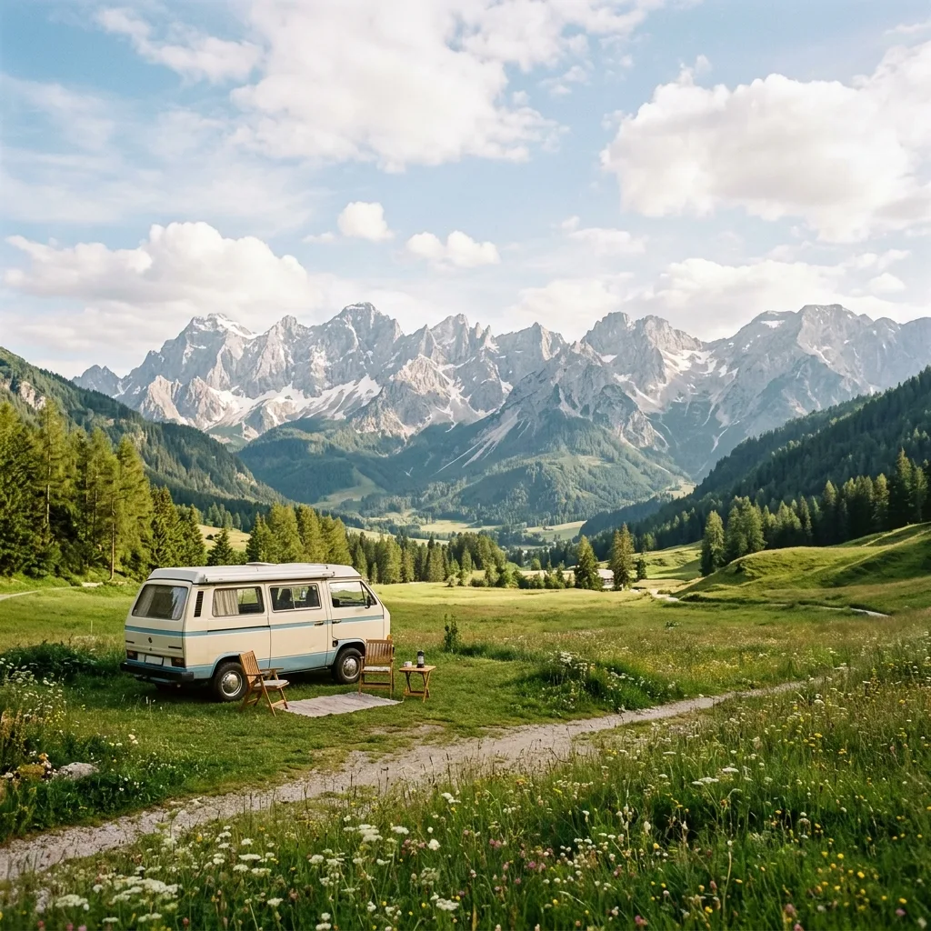 Camping Alpenlandschaft mit Camper als Hintergrund fuer Fahrradmontagestaender Produkte